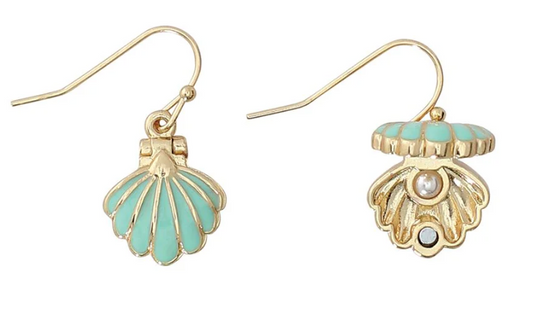 mint shell with pearl earrings
