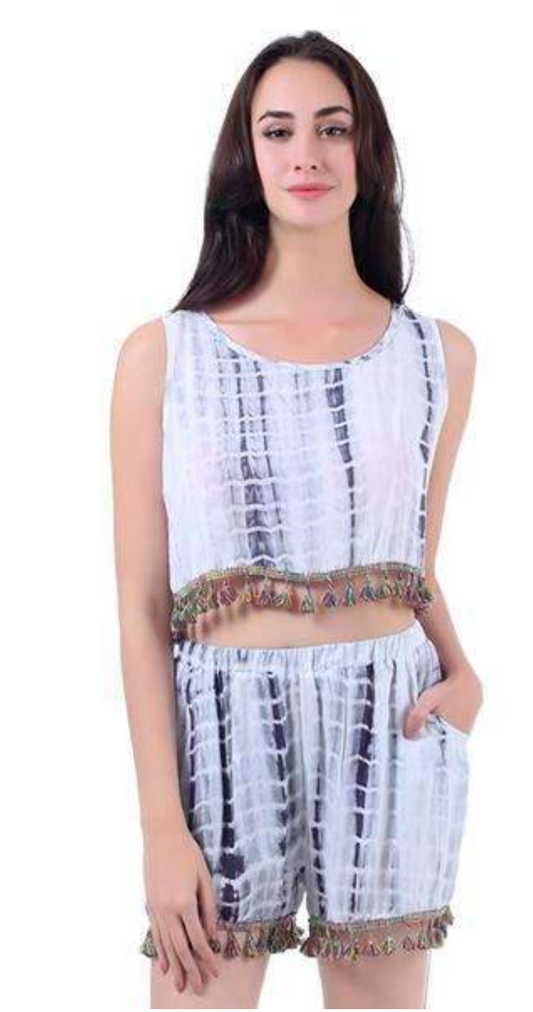 Grey Tasseled Tie Dye Top + Short Set