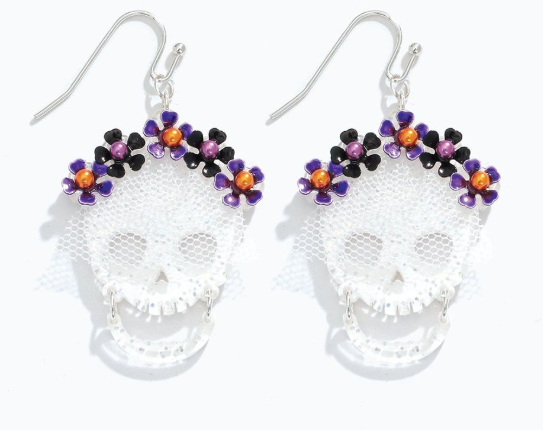 Earrings White Skull w/flower