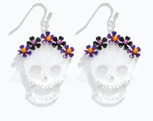 Earrings White Skull w/flower