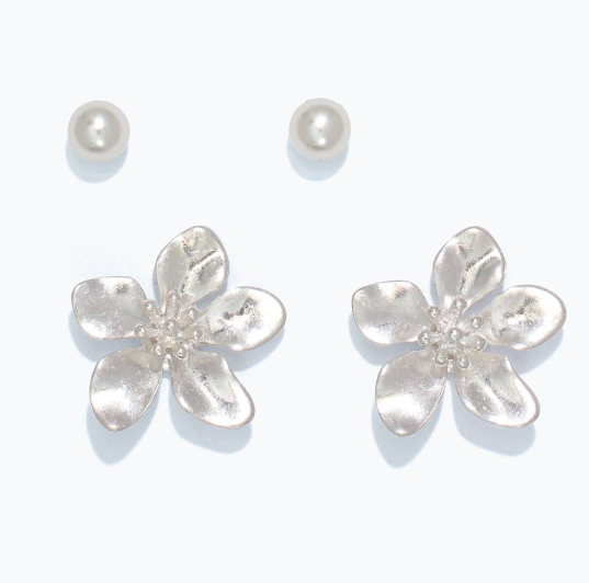 Earrings Duo Silver Flower + Pearl