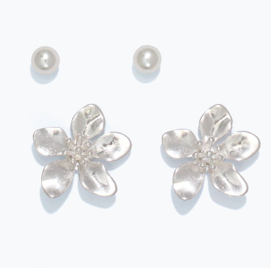 Earrings Duo Silver Flower + Pearl