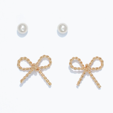 Earrings Duo Pearls & Gold Rope Bow