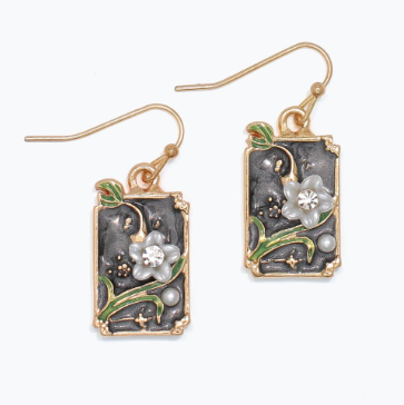 Earrings Gray Enamel Flower Scene